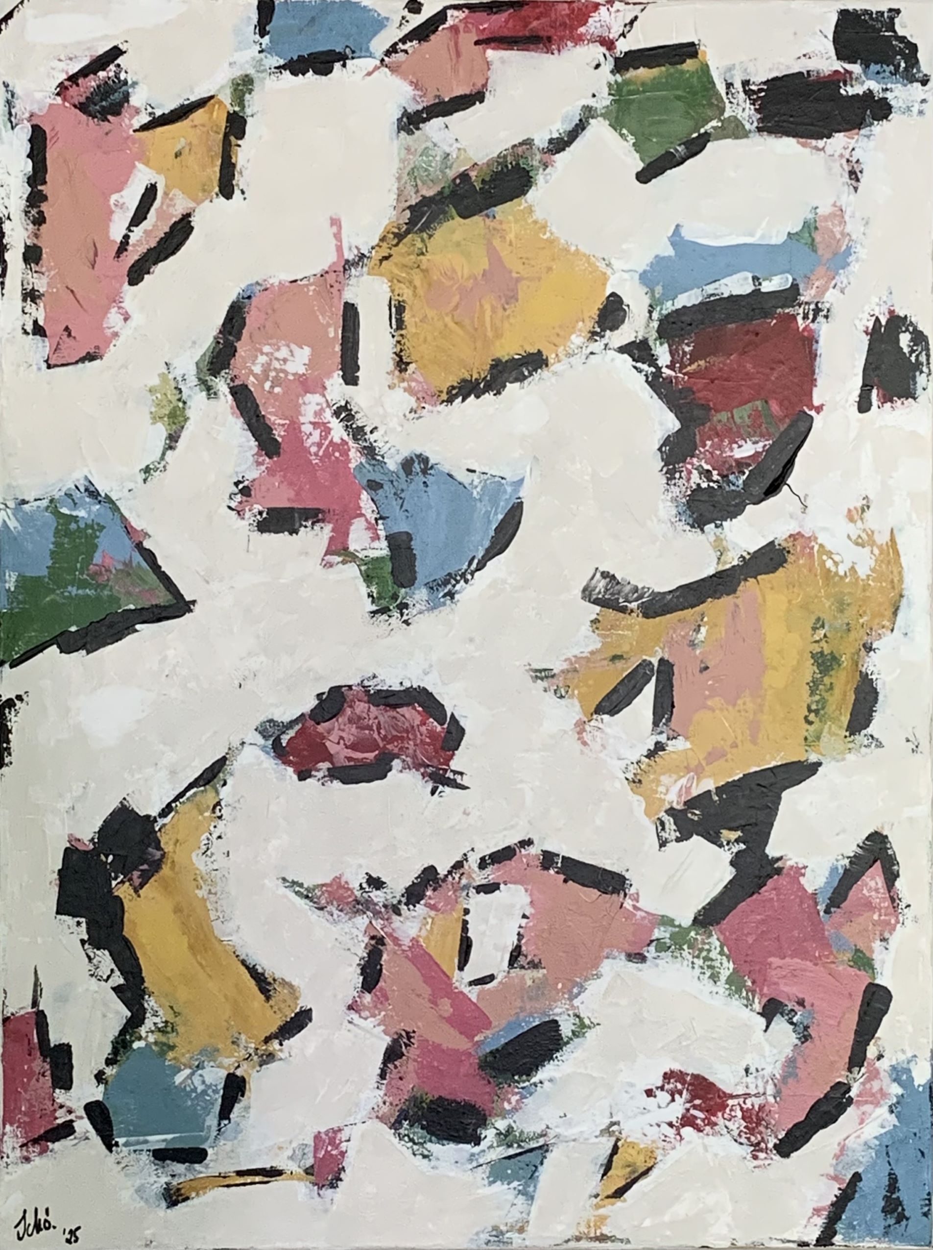 Abstraktes Gemälde mit harmonischen Farben und dynamischen Formen, Acryl auf Leinwand